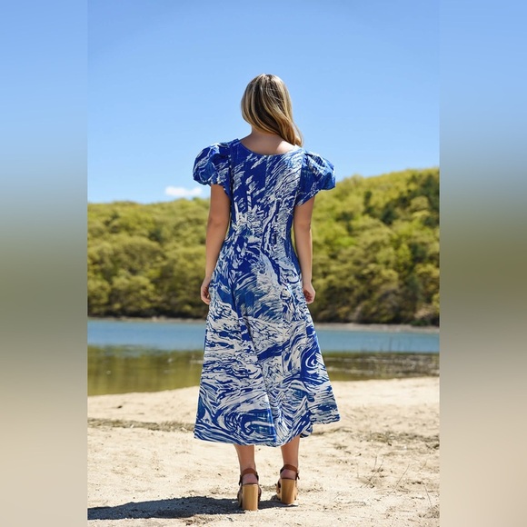 Blue and White A-Line Puff Sleeve Midi Dress - Picture 3 of 4